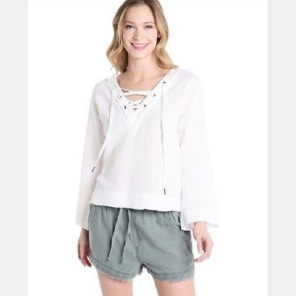 Anthro Cloth & Stone Bell Sleeve Lace Up Pullover